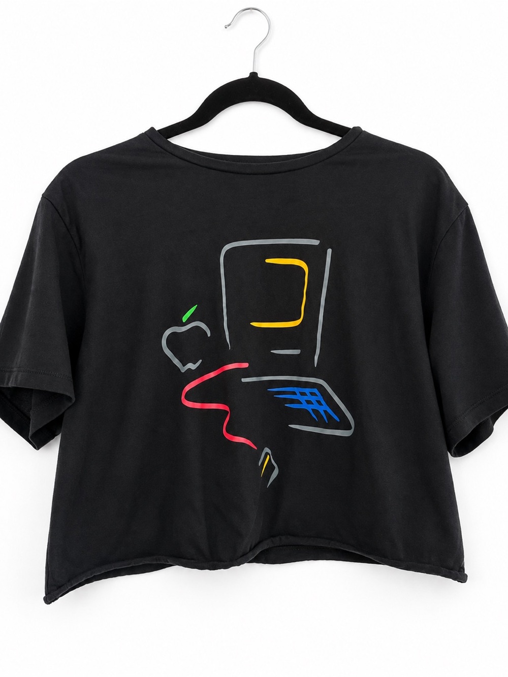Vintage Apple Black Raw Hem Cropped Graphic T-Shirt Mac Logo Picasso Abstract L